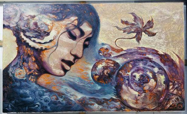 a painting , it is a face seen in a three quarter view with energy and shapes swirling in and around it, there is a wheel of vegetation and energy on the right lower side, a leaf falling above it, the background gold