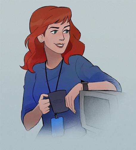 art of helly r from severance leaning against a computer monitor, coffee mug in hand