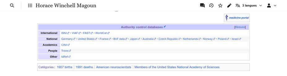 l'image montre le pied de page du Wikipédia anglophone pour Horace Winchell Magoun. La pied de page inclut des liens vers diverses bases de données d'autorité. En haut de la page, il y a une barre de recherche et des options pour changer la langue.