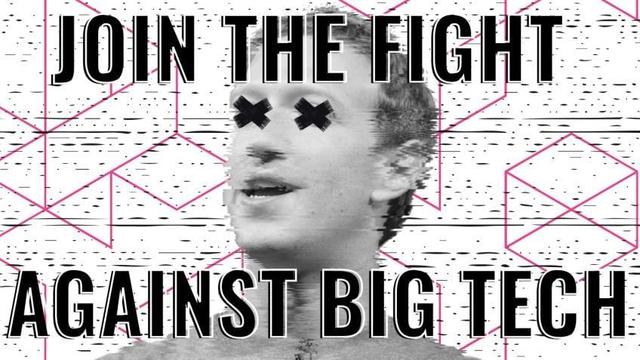 "Join the fight against big tech" is large bold text overlaid on a glitchy version of Mark Zuckerberg with black tape over his eyes. The background is a geometric pattern.