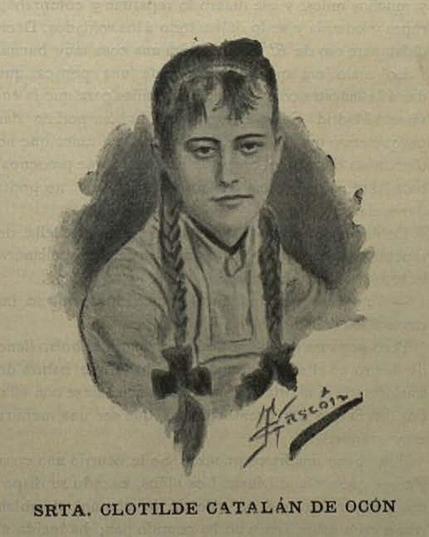 B&W watercolour sketch of Clotilde Catalán de Ocón as a young woman. hair in 2 plaits tied with bows