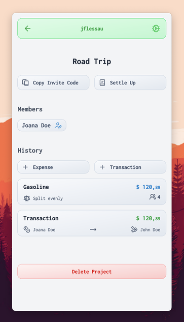 A website displayed in portrait mode. The navigation bar at the top includes a back button on the left, the username "jflessau" in the center, and a settings icon (cog) on the right. Below, the headline reads "Road Trip." Underneath are two buttons: "Copy Invite Code" and "Settle Up." Below these is a list of members, currently showing just one: "Joana Doe." Further down is a history of expenses and transactions. Transactions indicate who sent money to whom. Expenses have a title (e.g., "Gasoline"), a user count showing how many people the expense was split between, and an icon indicating the split type (split evenly or custom amounts per user). At the bottom of the page is a button to delete the tracking project.
