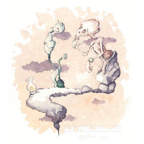 My watercolor painting titled “Solicitude Pondering” reveals a skeletal figure on a fanciful peninsular outcrop apparently deep in thought as two creatures observe.