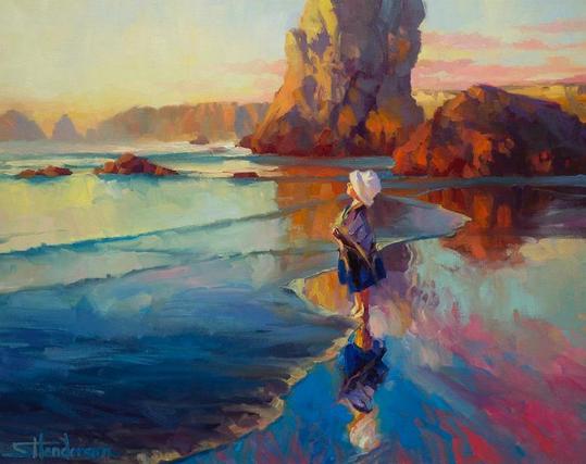 Art print of an original oil painting depicting a little girl standing at the edge of the sea, looking out to the horizon.