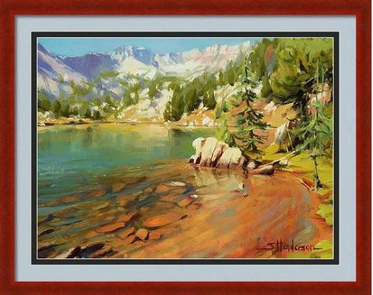 Framed print of an original oil painting depicting a mountain lake on a sunny day.