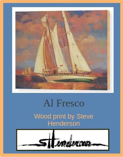 Wood print of an original oil painting depicting a sailboat gliding through the water at sunset.