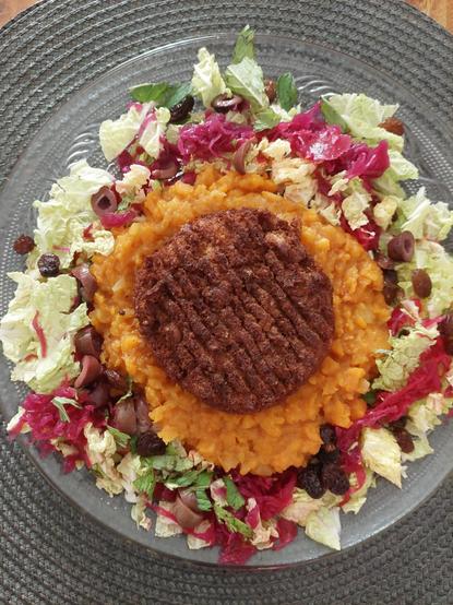 Assiette repas végane: 
Salade de chou chinois,chou rouge lactofermenté, olives, raisins secs ,huile d' olives, citron, gingenbre, menthe fraîche. purée de patates douce, petite pomme, crème végétale avoine et petit trai de tamari. Steak haché de soja et seitan