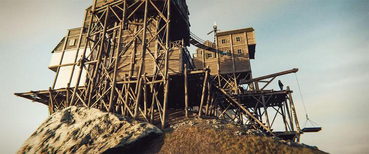 Wide shot, exterior, day -

A series of wood and plaster buildings, constructed at the top of a hill with a large boulder on top. Everything is chaotic, with buildings, pillars and platforms combining with seemingly no plan or organization. A man is standing at the edge of one of the platforms next to a manual crane, looking out into the distance.