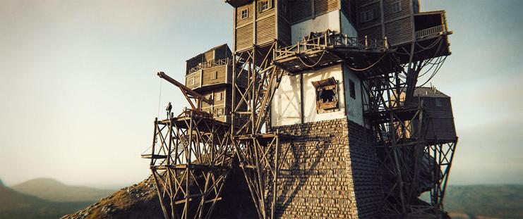 Wide shot, exterior, day -

A series of wood and plaster buildings, constructed at the top of a hill with a large boulder on top. Everything is chaotic, with buildings, pillars and platforms combining with seemingly no plan or organization. A man is standing at the edge of one of the platforms next to a manual crane, looking out into the distance.
