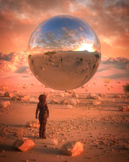 description by chatGPT: A lone figure in a dark, full-body sci-fi suit stands in a vast, reddish-orange desert landscape at sunset. Scattered rocks and sparse tufts of dry grass dot the sandy terrain. Before the figure floats a massive, perfectly smooth metallic sphere, suspended just above the ground. The surface of the sphere is like a mirror, vividly reflecting the surrounding desert, distant mountain range, glowing clouds, and the tiny silhouette of the observer standing below it. The entire scene glows warmly under the low golden sun, creating an atmosphere of awe, mystery, and surreal stillness.