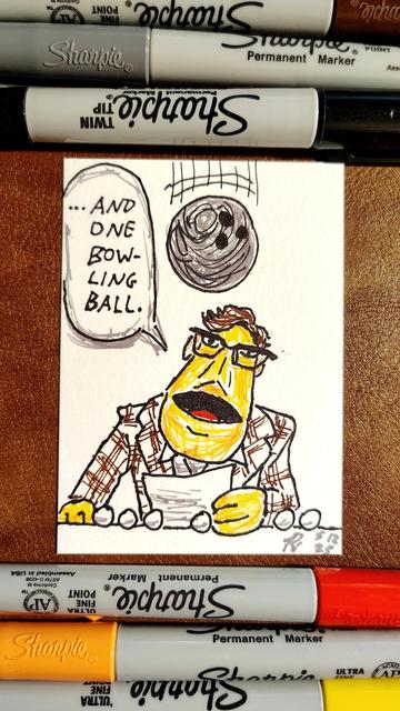 Marker drawing of the of the Muppet Newsman at his news desk, which is festooned with scattered ping pong balls. He reads from a page in his hand, "...and one bowling ball." A bowling ball is falling in midair, about to land on his head. The drawing is signed with my "RV" signature glyph and dated 5-12-25. The black, grey, brown, red, orange, and yellow markers used to draw the image rest on the table above and below the card.