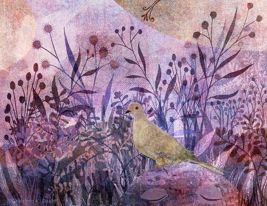 Against a background of swirling pinks and purples, silhouettes of abundant flowering plant life blooms. In the foreground, perched on a peaceful, abstract face, a pale taupe mourning dove rests. NOTE: This description created especially for my lovely blind friend, Georgiana. :-)