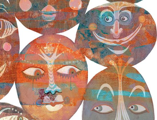 Various semi-abstract faces expressing varying emotions in a rainbow of colors and textures against a white background.