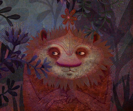 In dark blue and gray colors of plants and wild flowers, stands a rather strange being, the color of a tangerine, looking with longing at a delicious berry, just out of reach. On its head, a flower has sprouted.