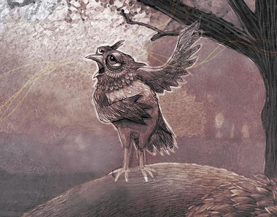 Twilight Serenade
Deep within a forest of dimming purple and orange, a tiny boat moves quietly through the leaf-strewn grass. In this tightly packed boat, an owl perches atop a dozing lion and gently croons to his captive audience. A young man watches, mesmerized by the tune. He wears a crown of burning candles and holds a bouquet of flowers. Alongside, swims a curious fish. Above, fireflies dance. NOTE: This description created especially for my lovely blind friend, Georgiana. :-)