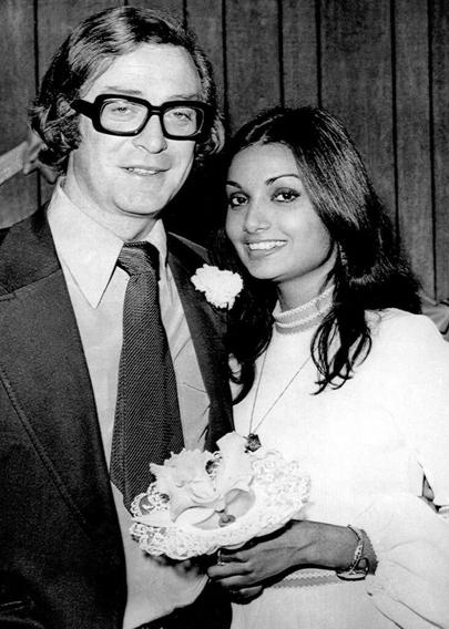 Michael Caine and Shakira Baksh; on their wedding day in 1973, and in 2024, married 52 years.