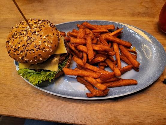 A burger and sweet potato fries on a blue plate.