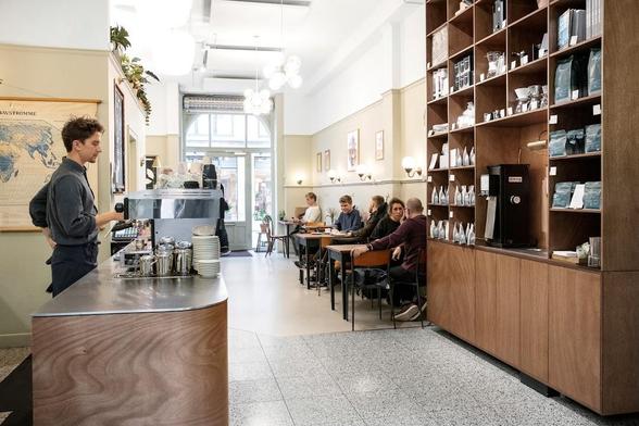 An indoor shot of a modern coffee shop.