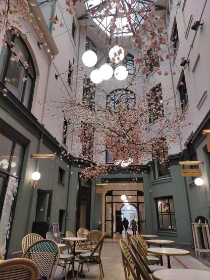 Indoor cafe with tables, chairs, and artificial cherry blossoms hanging from the ceiling.