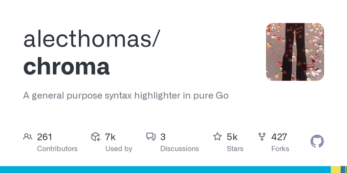 A general purpose syntax highlighter in pure Go . Contribute to alecthomas/chroma development by creating an account on GitHub.