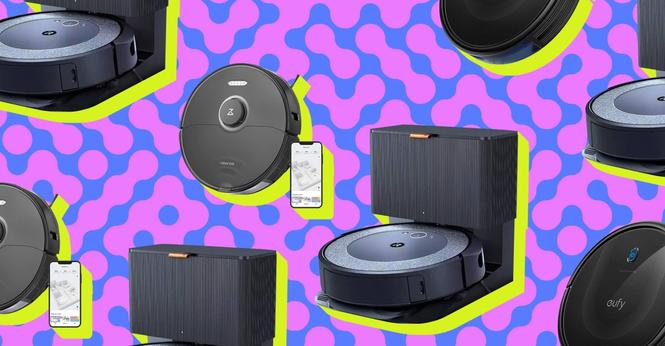 Illustration of black robot vacuums on a purple background.