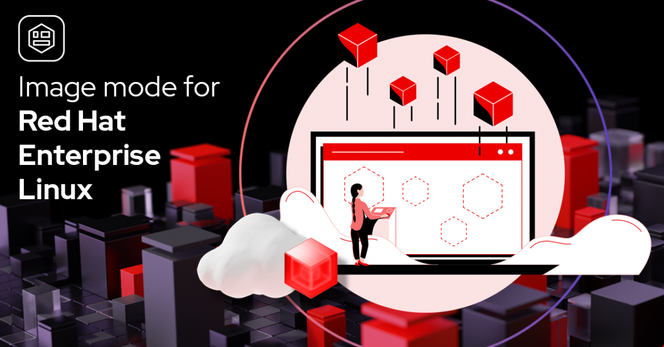 Stylized image for "Image mode for Red Hat Enterprise Linux." A person on a cloud uses a laptop displaying containers represented by hexagon shapes.