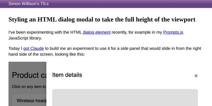 Screenshot: Styling an HTML dialog modal to take the full height of the viewport - I've been experimenting with the HTML dialog element recently, for example in my Prompts.js JavaScript library.