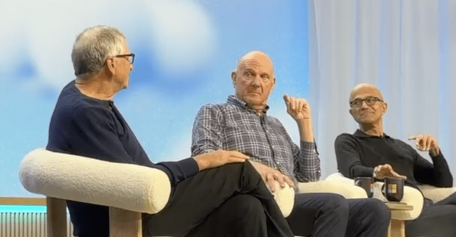 A photo of past and present Microsoft CEOs Bill Gates, Steve Ballmer, and Satya Nadella.