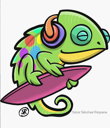 Ilustración de un camaleón con cara de contento escuchando música con unos auriculares mientras surfea