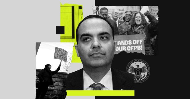 A collage-style photo illustration showing the CFPB logo, protestors, and Rohit Chopra