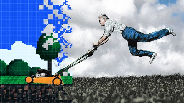 Illustration of a man pushing a lawnmower into an area that is a pixellated like an early computer graphic (Credit: Serenity Strull/BBC/Getty Images) Illustration of a man pushing a lawnmower into an area that is a pixellated like an early computer graphic (Credit: Serenity Strull/BBC/Getty Images)