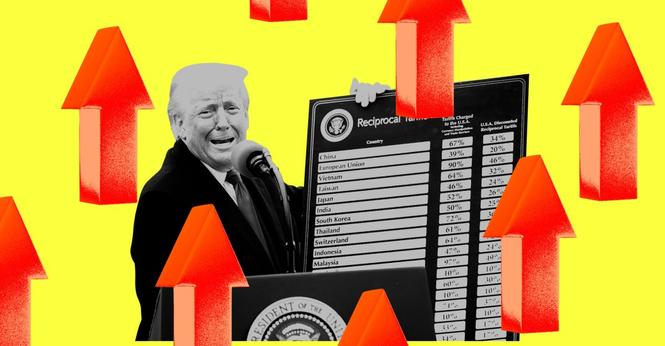 Donald Trump holding a chart with red up arrows.