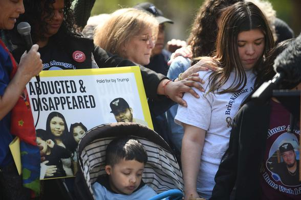 Jennifer Vasquez Sura and her children attend an interfaith prayer vigil for her husband Kilmar Abrego García, held outside the White House in Washington, D.C., on April 14, 2025.