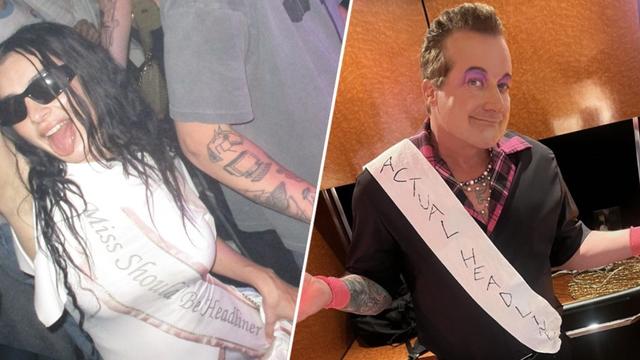 Charli XCX wears a sash that reads "Miss Should Be Headliner"; Tré Cool wears a toilet paper sash that reads "Actual Headliner."