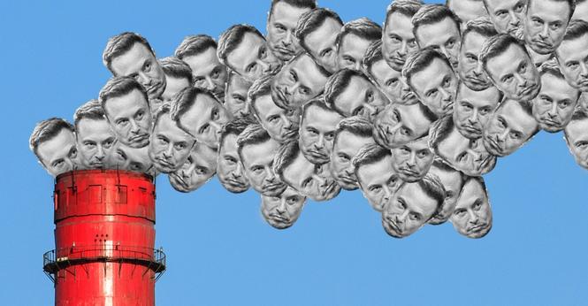Art depicts a smokestack with many images of Elon Musk’s head forming a cloud coming out of the smokestack.