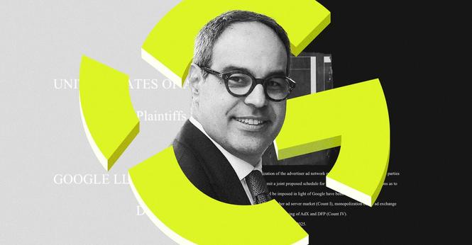 A photo illustration of former DOJ antitrust chief Jonathan Kanter overlaid on a broken Google logo.