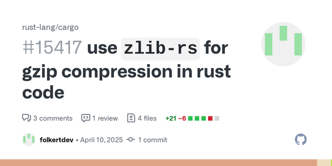 What does this PR try to resolve?
This PR uses zlib-rs via the flate2 crate. It is used for (de)compressing gzip files (e.g. in cargo package).
Using zlib-rs is significantly faster, and produces o...