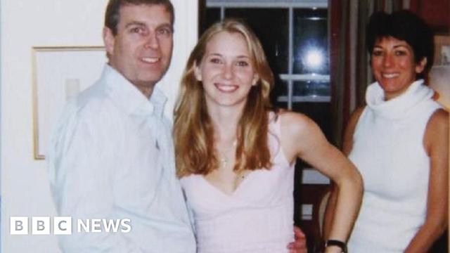 An old photograph of Prince Andrew - wearing a white shirt unbuttoned at the collar - smiling with his hand on the waist of Virginia Giuffre, a young woman with long blonde hair, while Ghislaine Maxwell stands a slightly to the side.