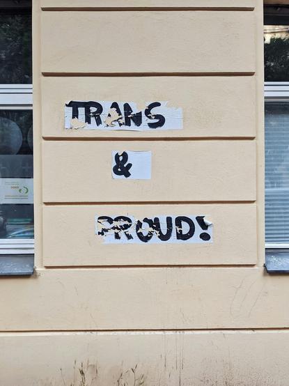 sticker on a wall: Trans and Proud!