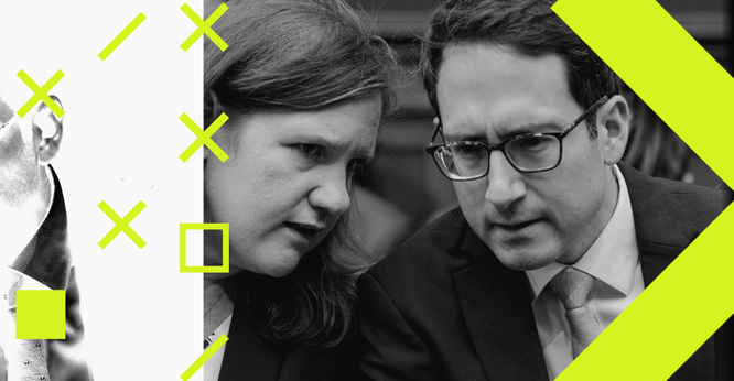 Photo illustration of FTC commissioners Alvaro Bedoya and Rebecca Slaughter.