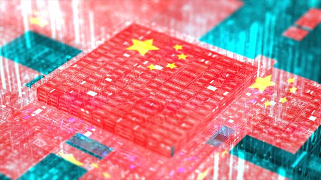 An abstract representation of a circuit board layered with a red background featuring a depiction of the Chinese flag, complete with yellow stars, overlaying blue and turquoise elements, suggesting themes of technology and national identity.