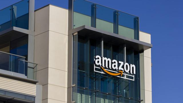 The Amazon logo seen at Amazon campus in Palo Alto, California.