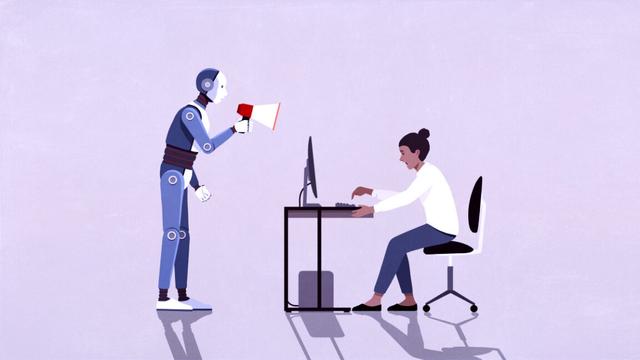 Robot with megaphone yelling at businesswoman working at computer - stock illustration
