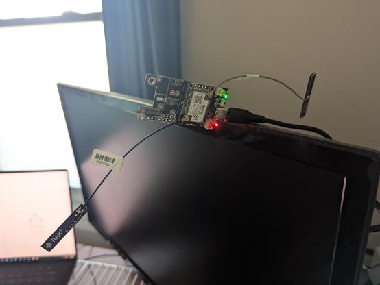 A RAK Wireless WisBlock meshtastic device, which just looks like electronic components with dangling antenna bits, some LEDs, and a USB cable. She ain't much yet but she'll be cute.