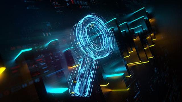 Digital search icon on future tech background. Search Engine Evolution. Futuristic search icon and abstract chart in world of technological progress and innovation. CGI 3D render