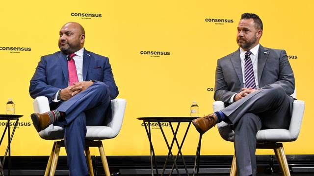 Raj Mukherjee (left) and Seth Wilks speaking at CoinDesk's Consensus 2024 (Shutterstock/CoinDesk)