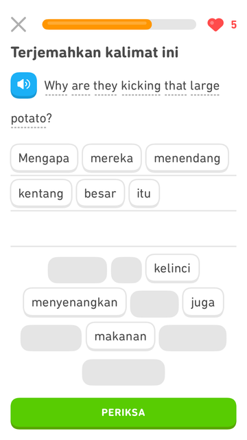 a duolingo indonesian exercise for the phrase why are they kicking that large potato 