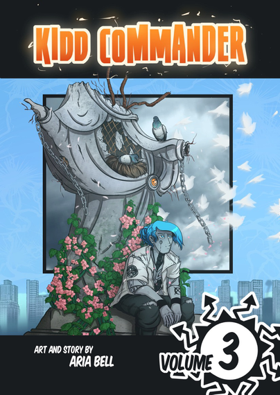 A comic book cover for Volume 3 of Kidd Commander, depicting an android sitting in front of a broken statue.