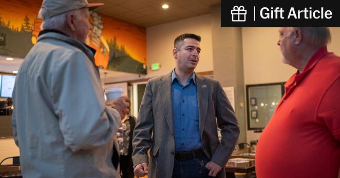 Gabe Evans during a campaign stop in Greeley, Colo., in October. He wound up winning his seat by less than one percentage point.