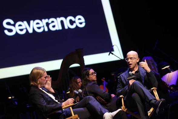 Deadline's Peter White and Shrinking composer Theodore Shapiro at the Deadline Sound & Screen: Television 2025 held at the UCLA Royce Hall on May 7, 2025 in Los Angeles, California.